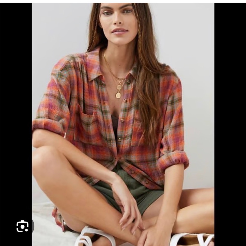 Anthropologie Pilcro Plaid Button-Up in Orange Motif. /S/ - Picture 2 of 10